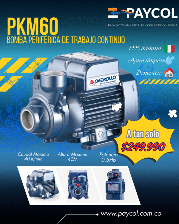 Electrobomba Pedrollo PKM60 – 0,5 HP ¡Llévate tu Electrobomba Pedrollo PKM60 con un descuento exclusivo!